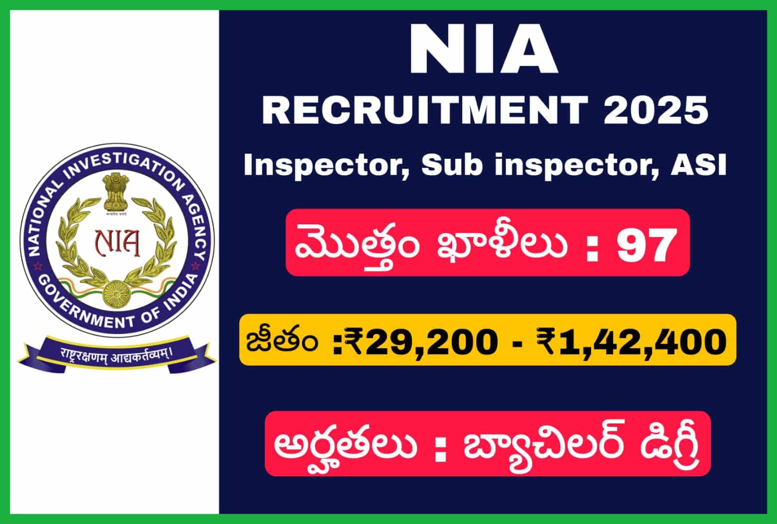 NIA ఇన్స్పెక్టర్ సబ్-ఇన్స్పెక్టర్ నోటిఫికేషన్ 2025